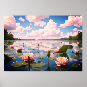 Lake Landscape with Water Flowers & Pink Clouds   Poster