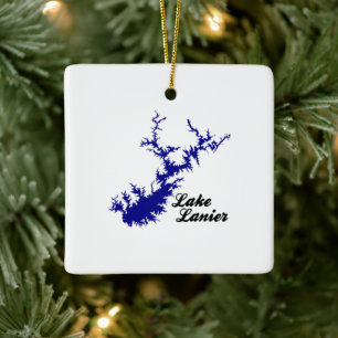 Lake Lanier Georgia Blue Shoreline Script Map Art Ceramic Ornament