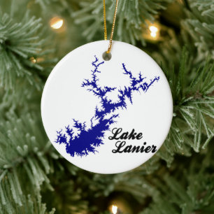 Lake Lanier Georgia Blue Shoreline Script Map Art Ceramic Tree Decoration