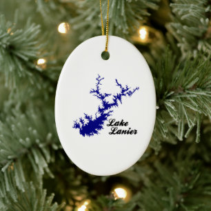 Lake Lanier Georgia Blue Shoreline Script Map Art Ceramic Tree Decoration