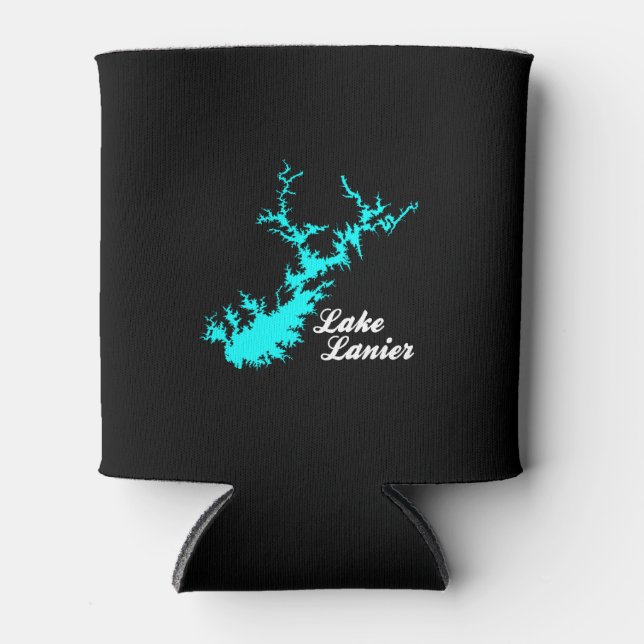 Lake Lanier Georgia Cyan Shoreline Script Map Art Can Cooler (Front)