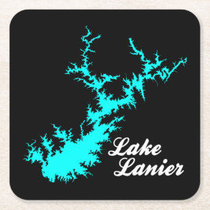 Lake Lanier Georgia Cyan Shoreline Script Map Art Square Paper Coaster