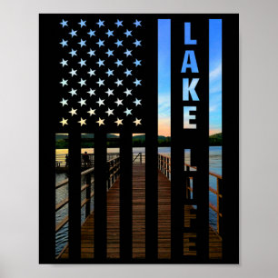 Lake Life American Flag Dock Sunset Power Boat Wak Poster