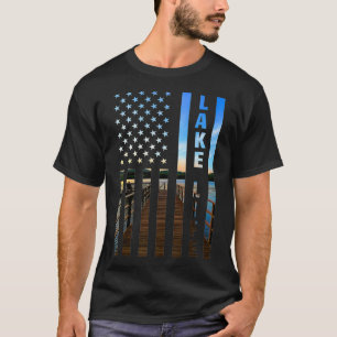 Lake Life American Flag Dock Sunset Power Boat Wak T-Shirt
