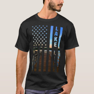 Lake Life American Flag Dock Sunset Power Boat Wak T-Shirt