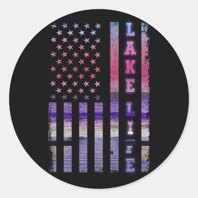 Lake Life American Flag Dock Sunset Wakeboarder Classic Round Sticker (Front)