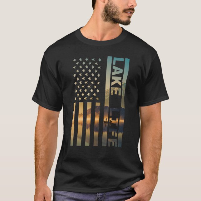 Lake Life American Flag Dock Sunset Wakeboarder Po T-Shirt (Front)