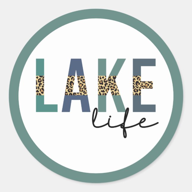 Lake Life Cheetah Print Typography Classic Round Sticker (Front)