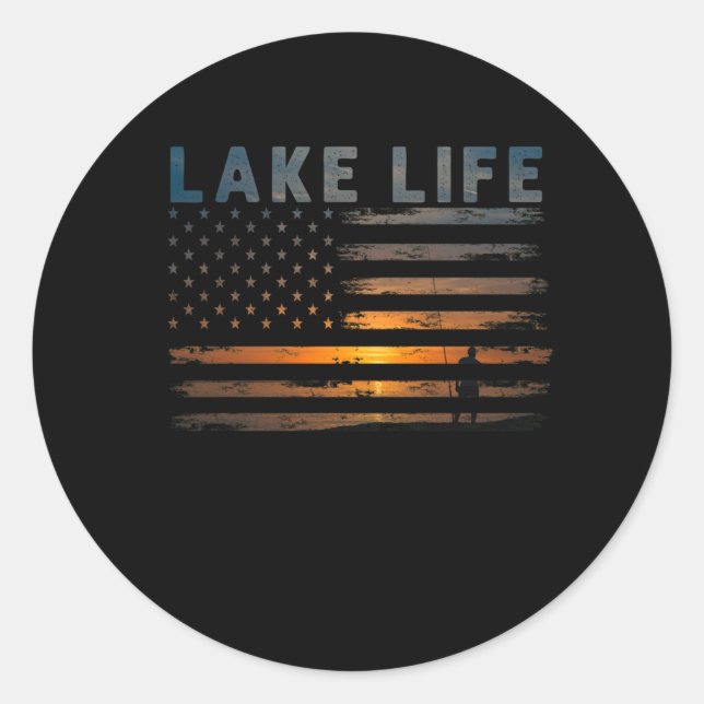 Lake Life Fisherman Sunset American Flag Bass Fish Classic Round Sticker (Front)