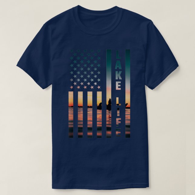 Lake Life Fisherman Sunset American Flag Bass Fish T-Shirt (Design Front)