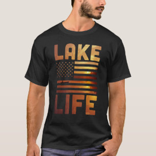 Lake Life Fisherman Sunset American Flag Bass Fish T-Shirt