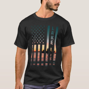 Lake Life Fisherman Sunset American Flag Bass Fish T-Shirt