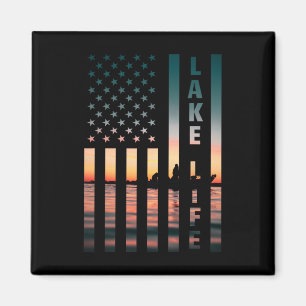 Lake Life Fisherman Sunset American Flag Byss Fish Magnet
