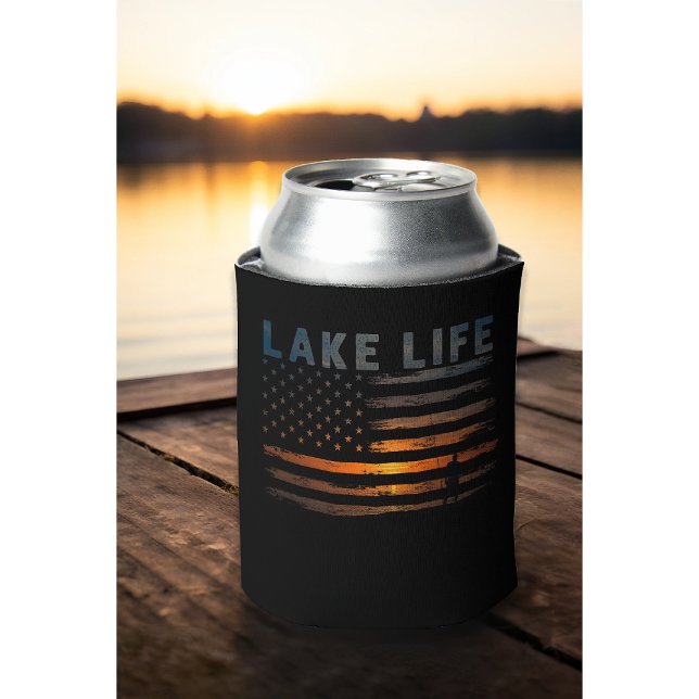Lake Life Fisherman Sunset American Flag Can Cooler (Creator Uploaded)