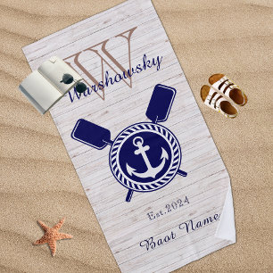 Lake Life Rustic Wood Nautical Anchor Navy Blue Beach Towel