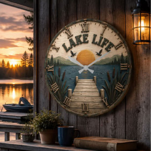 Lake Life Sunset Dock Rustic Lake House Large Clock