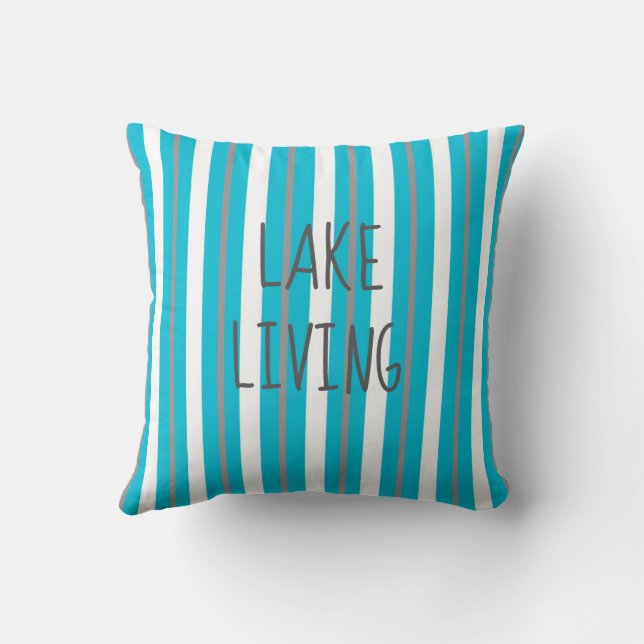 Lake Living Turquoise Grey White Stripe Throw Pill Cushion (Back)