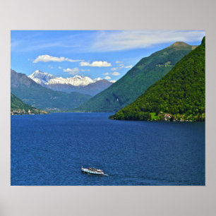 LAKE LUGANO, BOAT, MOUNTAINS IN BACKGROUND POSTER
