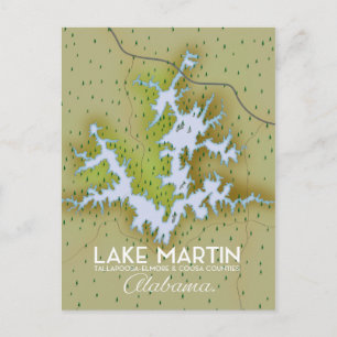 Lake Martin Alabama Travel poster map. Postcard