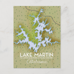 Lake Martin Alabama Travel poster map. Postcard