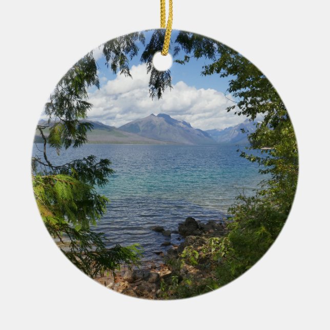 Lake McDonald Through Forest Frame Ceramic Tree Decoration (Front)