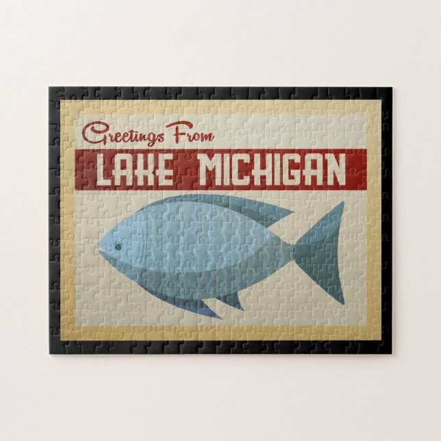 Lake Michigan Blue Fish Vintage Travel Jigsaw Puzzle (Horizontal)