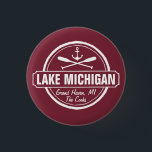 Lake Michigan, custom town, name, anchor, paddles 3 Cm Round Badge<br><div class="desc">Lake Michigan nautical anchor design is personalised with your favourite town or area (such as Grand Haven, Spring Lake, Mackinac Island, Saugatuck, South Haven, Glen Arbor, Traverse City, etc.) and your name (or delete). This retro, vintage style design features a white circle, anchor, crisscrossed paddles and a bold banner that...</div>