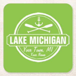 Lake Michigan, custom town, name, anchor, paddles Square Paper Coaster
