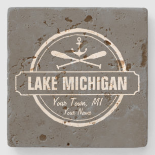Lake Michigan, custom town, name, anchor, paddles Stone Coaster