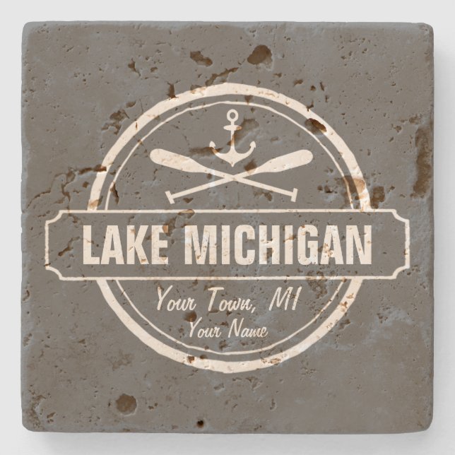 Lake Michigan, custom town, name, anchor, paddles Stone Coaster (Front)