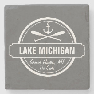Lake Michigan, custom town, name, anchor, paddles Stone Coaster