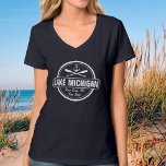 Lake Michigan, custom town, name, anchor, paddles T-Shirt<br><div class="desc">This Lake Michigan nautical anchor design is personalised with your favourite town or area (such as Grand Haven, Spring Lake, Mackinac Island, Saugatuck, South Haven, Glen Arbor, Traverse City, etc.) and your name (or delete). This retro, vintage style design features a white circle, anchor, crisscrossed paddles and a bold banner...</div>