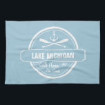 Lake Michigan, custom town, name, anchor, paddles Tea Towel<br><div class="desc">Lake Michigan nautical anchor design is personalised with your favourite town or area (such as Grand Haven, Spring Lake, Mackinac Island, Saugatuck, South Haven, Glen Arbor, Traverse City, etc.) and your name (or delete). This retro, vintage style design features a white circle, anchor, crisscrossed paddles and a bold banner that...</div>