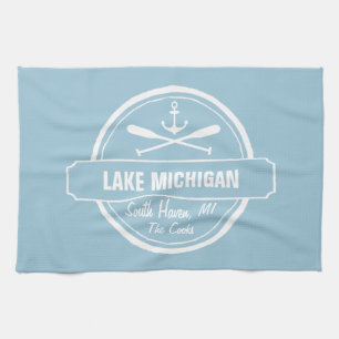 Lake Michigan, custom town, name, anchor, paddles Tea Towel