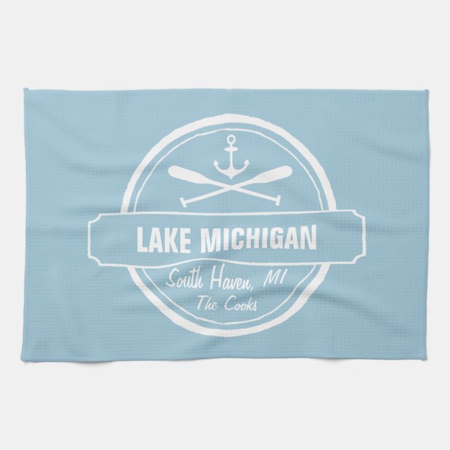 Lake Michigan, custom town, name, anchor, paddles Tea Towel (Horizontal)