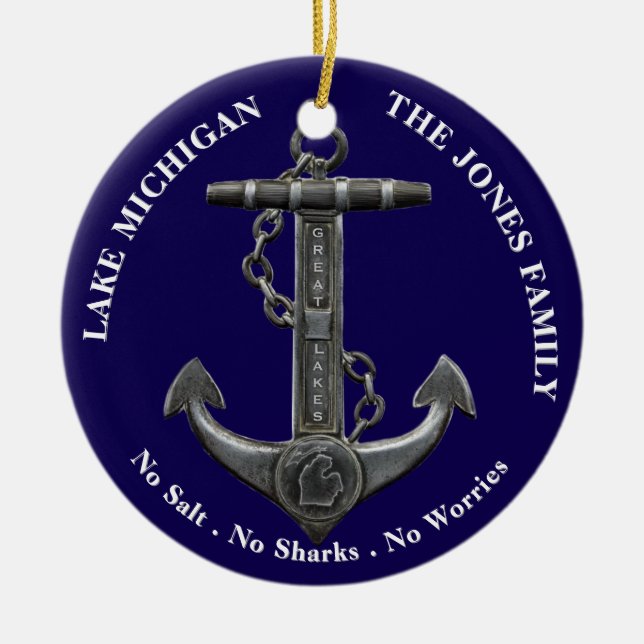 Lake MICHIGAN Patriotic distressed anchor nautical Ceramic Tree Decoration (Front)