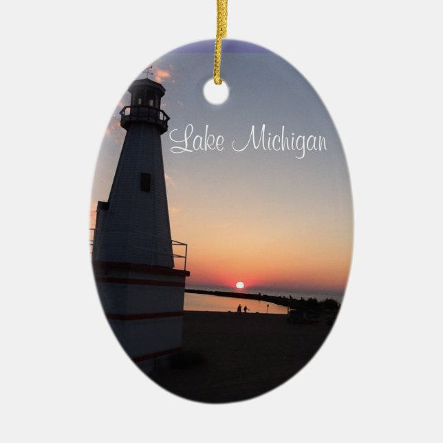 Lake Michigan Sunset Lighthouse Ornament (Front)