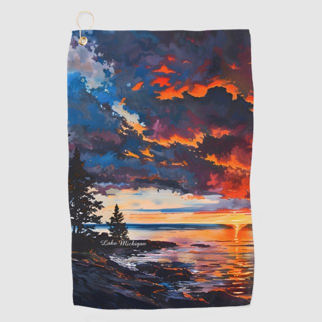 Lake Michigan Sunset Nature Landscape Design Golf Towel (Front)