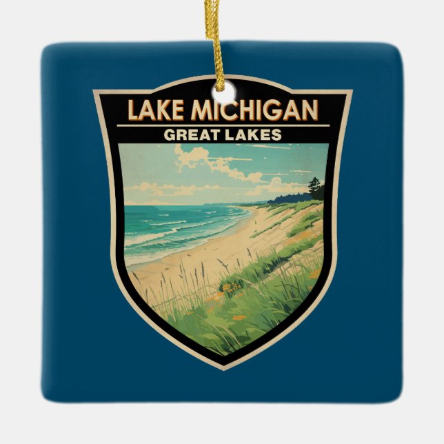 Lake Michigan Travel Art Vintage Ceramic Ornament (Front)