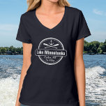 Lake Minnetonka Minnesota anchor town and name T-Shirt<br><div class="desc">Lake Minnetonka Minnesota anchor town and name Lake Minnetonka, Minnesota nautical anchor design is personalised with your town (such as Wayzata, Orono, Excelsior, Mound, Deephaven, Shorewood, etc.) and your name (or delete). This retro, vintage style design features a white circle, anchor, crisscrossed paddles and a bold banner that reads Lake...</div>