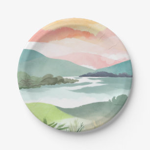 Lake Morning Sunrise   Watercolor Nature Paper Plate