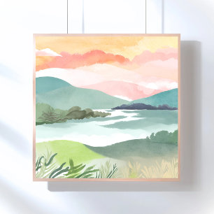 Lake Morning Sunrise Watercolor Nature Poster