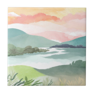 Lake Morning Sunrise   Watercolor Nature Tile