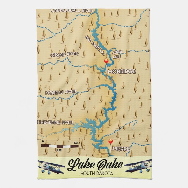 Lake Oahe South Dakota map Tea Towel (Vertical)