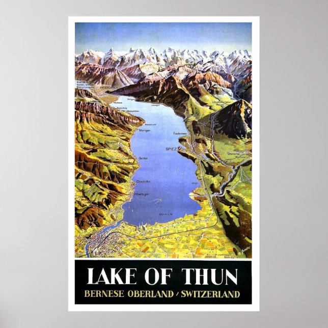 Lake of Thun map, Bernese Oberland, Switzerland Poster (Front)