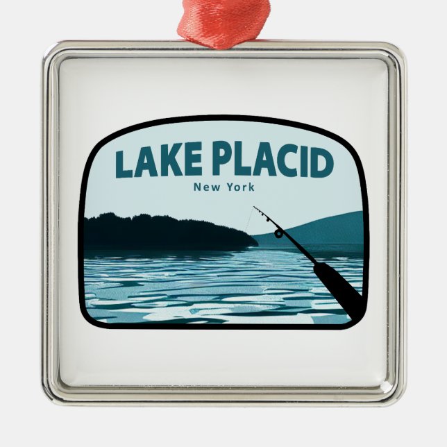 Lake Placid New York Fishing Rod Metal Tree Decoration (Front)