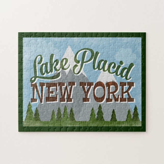 Lake Placid New York Fun Retro Snowy Mountains Jigsaw Puzzle (Horizontal)