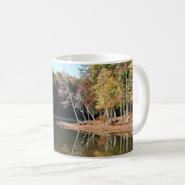 Lake Reflection of Orange Fall Leaves & Blue Skies Coffee Mug (Front Right)