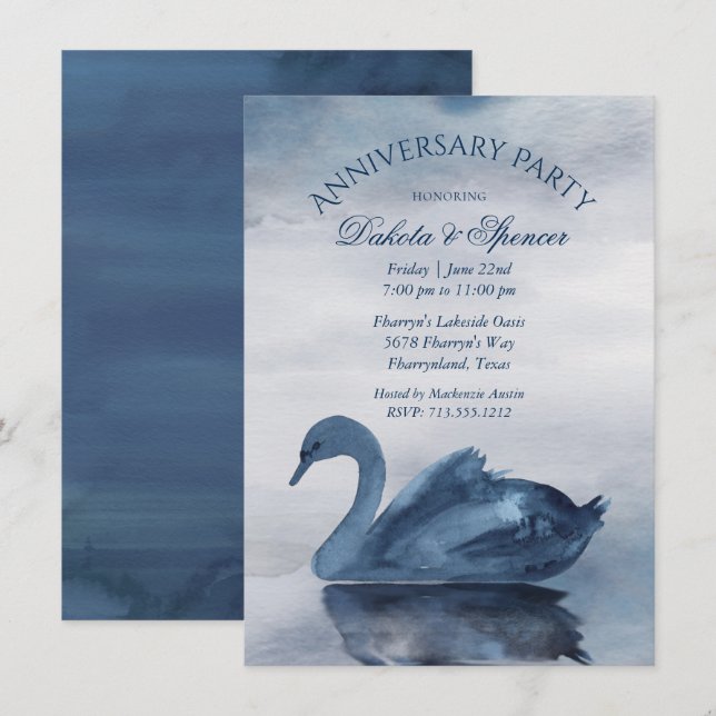 Lake Reflections | Blue Swan Anniversary Party Invitation (Front/Back)