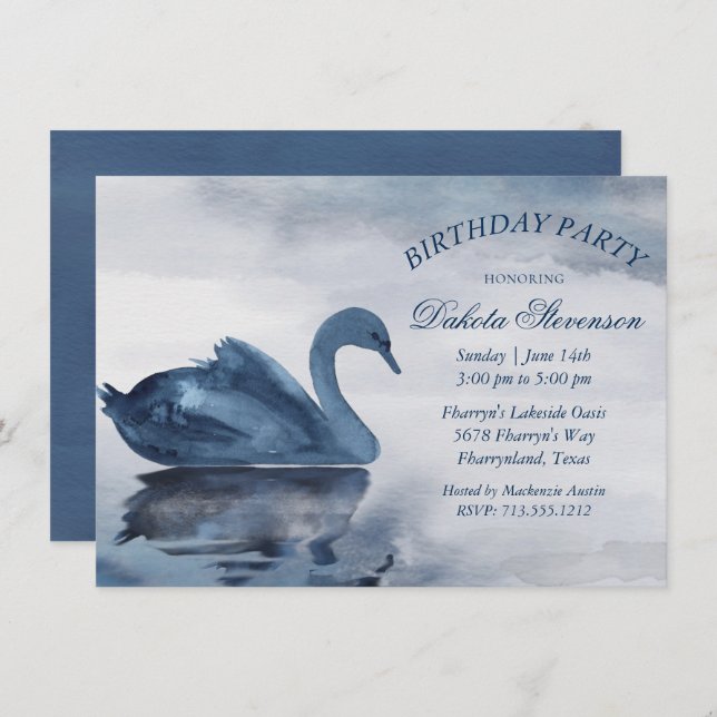 Lake Reflections | Dusty Blue Swan Birthday Party Invitation (Front/Back)